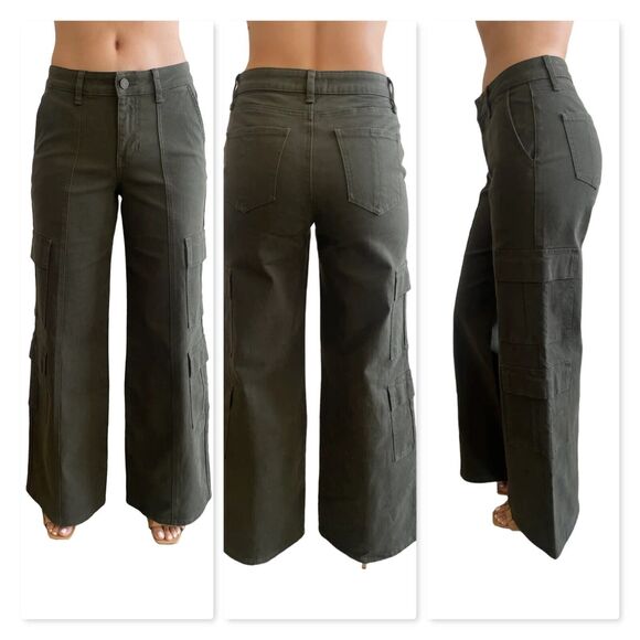 Prosperity Denim Wide Straight Leg Cargo Jeans Womens 25 in Olive Green NWT - Picture 2 of 9